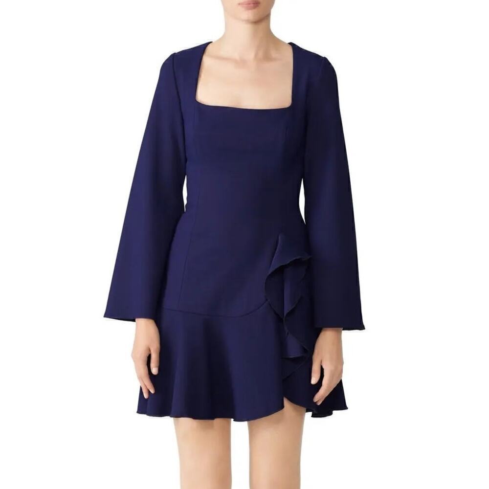 Finders Keepers Goodbye Dress Square Neck Bell Sleeve Ruffle Hem Mini Blue Small
